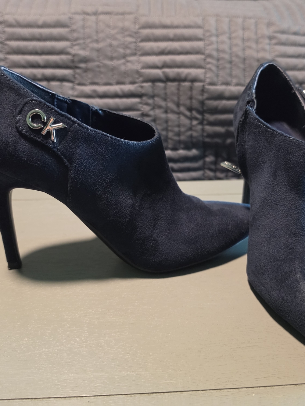 Calvin Klein Navy Suede Pointed Ankle Booties with CK Logo